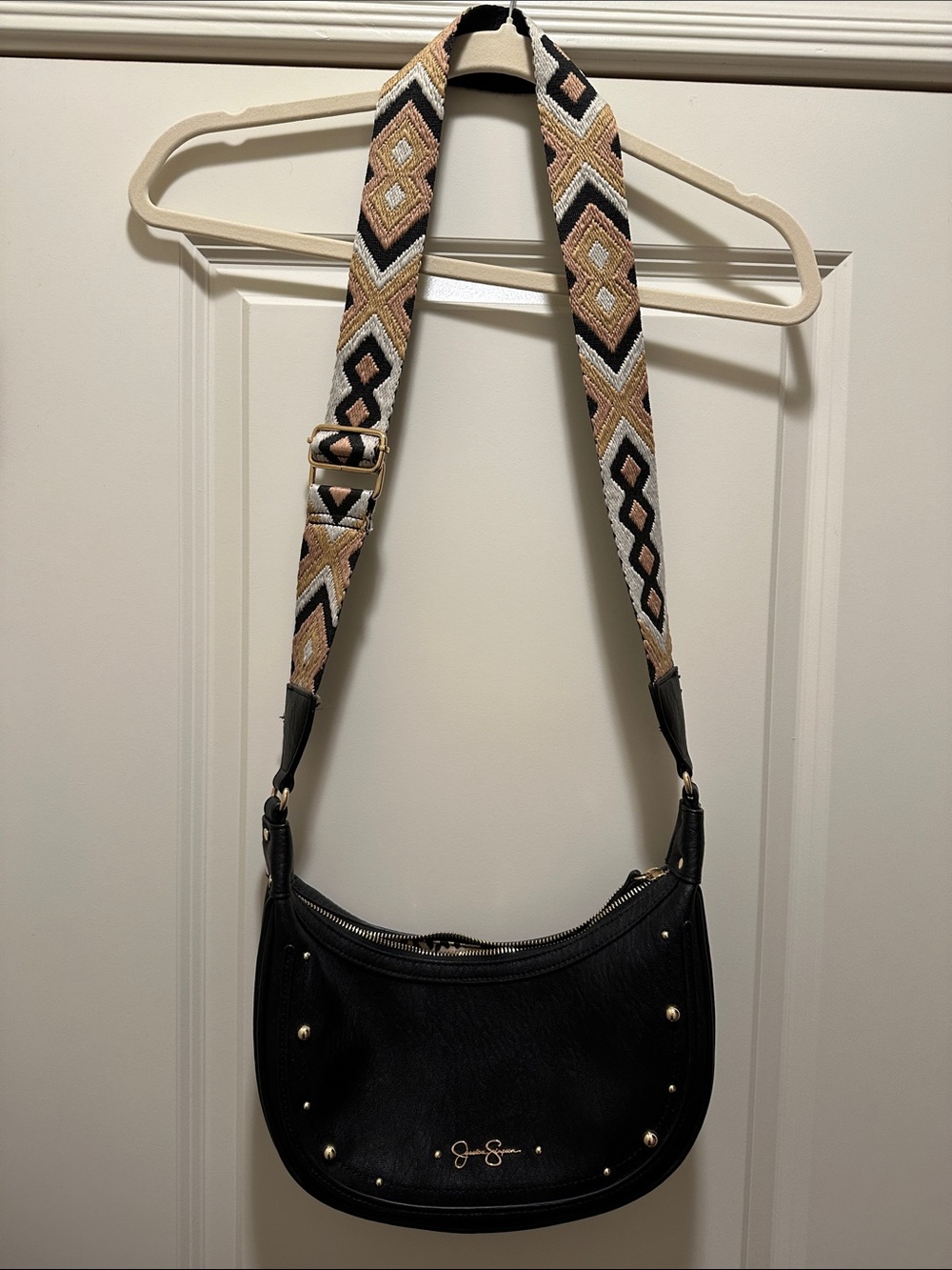 Jessica Simpson Black Crossbody with Patterned Adjustable Strap